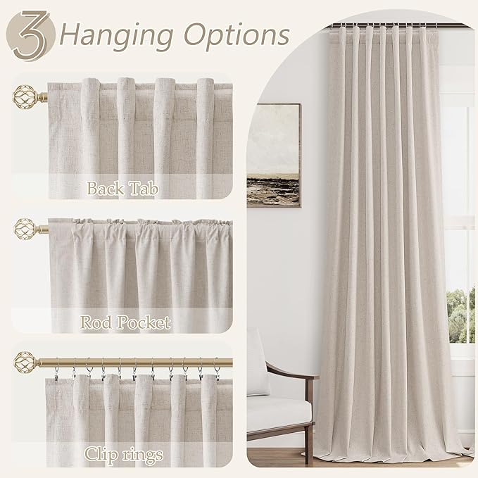Guken 100% Blackout Curtains 102 Inch Length 2 Panels Set for Living Room Bedroom Back Tab Thermal Insulated Black Out Linen Drapes Room Darkening Window Curtains 102 Inches Long, Sand Beige