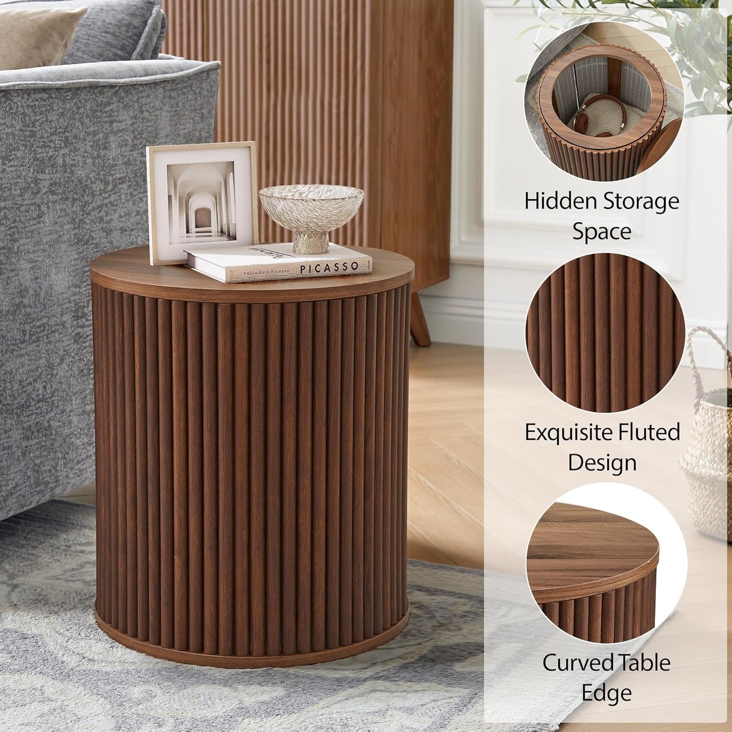 AVZEAR Small Round Side Table Fluted Night Stand Set of 2, Mid Century Modern End Table with Storage, Circle Bedside Tables Wood Nightstands for Small Spaces, Living Room, Bedroom (Walnut)
