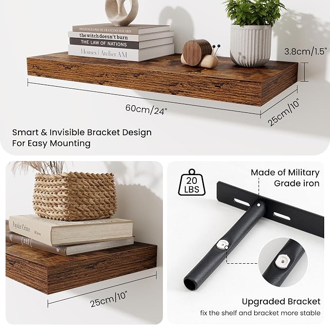 Fun Memories 24 Inch Floating Shelves Wall-Mounted, 10 Inch Deep Wall Shelves, 24 x 10 Floating Shelf for Living Room Bathroom Bedroom, Rustic Brown, Set of 3