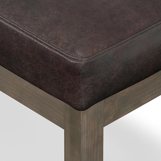 SIMPLIHOME Milltown Small Ottoman Bench - 27 inch Wide Upholstered Vegan Leather Rectangle Footstool Ottoman in Distressed Brown, Contemporary Bench for Bedroom with Cushioned Seat