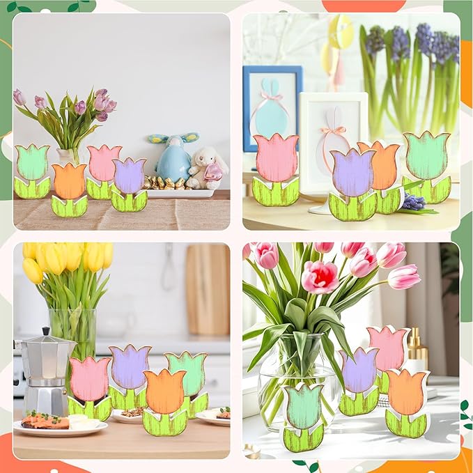 Whaline 4 Pcs Spring Tulip Flower Wooden Table Sign Tabletop Centerpiece Rustic Pastel Colorful Floral Tiered Tray Decor for Party Home Farmhouse Decoration