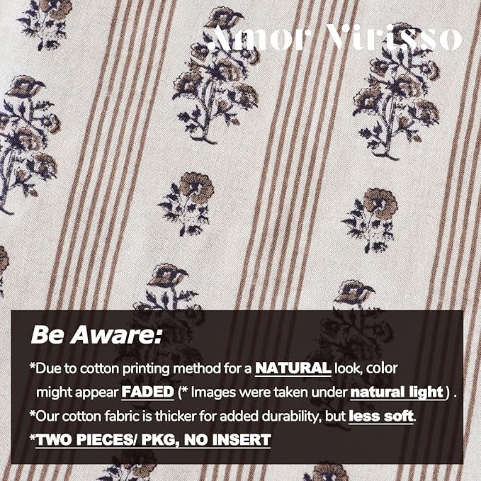 Amor Virisso Floral Throw Pillow Covers 24x24 Set of 2 Block Print Pillow Covers Neutral Floral Striped Farmhouse Decorative Pillow Covers for Sofa Couch Bed, Brown