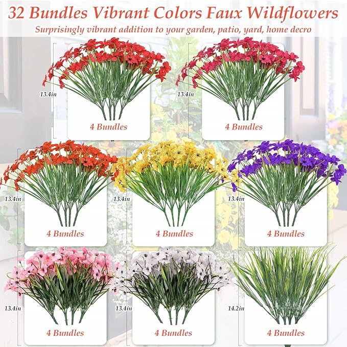 32 Bundles Artificial Flowers for Outdoors, UV Resistant Realistic Fake Silk Violet Flowers with Plastic Faux Plants Bulk for Outside Garden Yard Porch Patio Pots Window Boxes Hanging Planters Decor