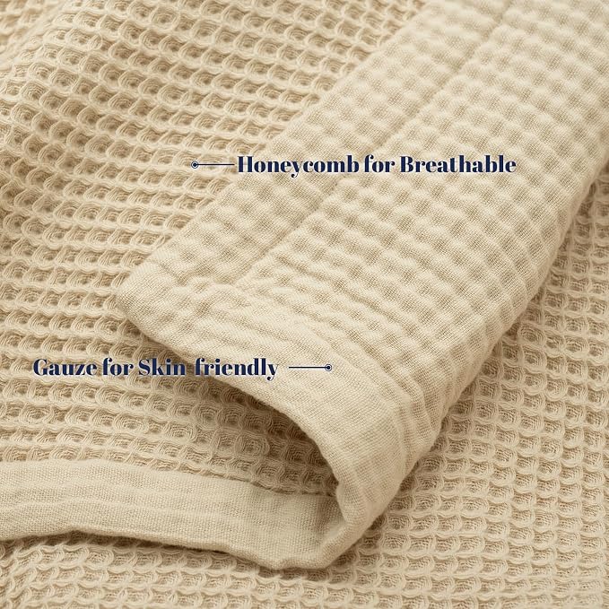 PHF 100% Cotton Waffle & Muslin Throw Blanket Large, Soft Breathable Luxury 400GSM Versatile Reversible Bedding for Couch, Great for Layering in Cold Weather, Home Decor Gift, 50" x 70", French Oak