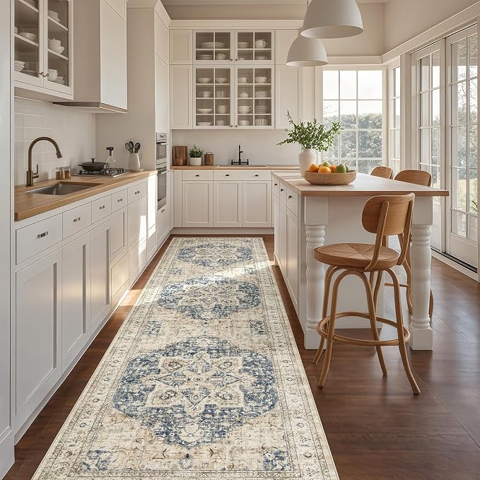 Tortania Area Rug 2x6 Runner Rugs - Washable Vintage Oriental Farmhouse Thin Indoor Carpet for Living Room Bedroom Hallway Entryway Kitchen Under Dining Table Home Office - Cream/Blue