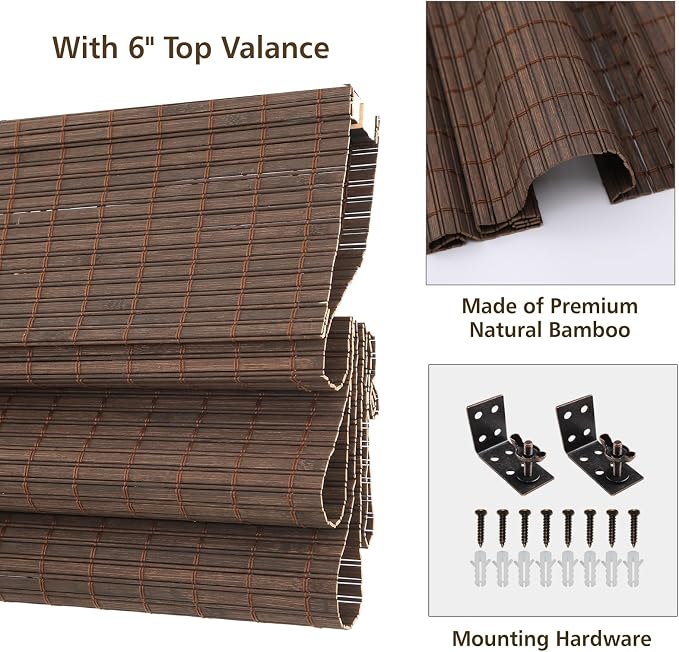 Sunbox Cordless Bamboo Roman Shades, Woven Wood Blinds, Light Filtering Natural Bamboo Shades for Indoor Windows, French Doors, 24" W x 48" H, Sarasota-Cocoa