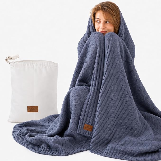 Organic Cotton Knit Blanket Denise, Smoke Blue, 80x90 Inches | 100% Organic Cotton, GOTS Certified, Soft and Lightweight, Breathable All-Season, For Bed, Sofa, or Lounge Area