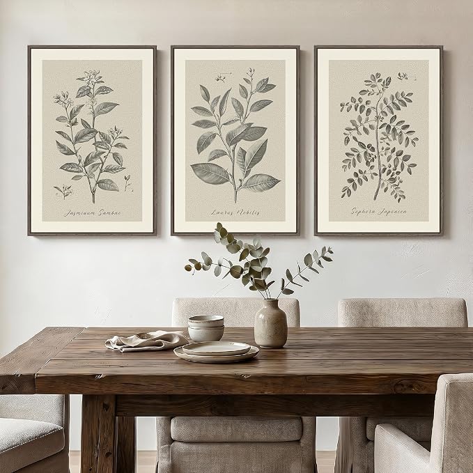 Framed Vintage Botanical Wall Art for Dining Room, 3 Piece Neutral Floral Plants Canvas Painting Prints Artwork, Rustic Flowers Pictures for Farmhouse Living Room Bedroom Kitchen Home Decor, 16x24 In