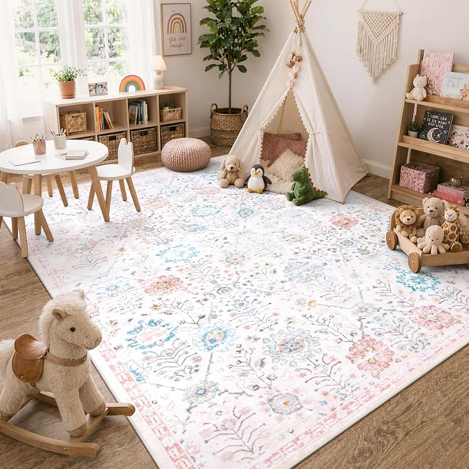 Lahome Flavie Classroom Rug 8x10, Soft Washable Rug for Dorm Room, Non Slip Low Pile Boho Floral Carpet for Bedroom, Playroom, Nursery, Kids Room and Classroom Decor, Beige