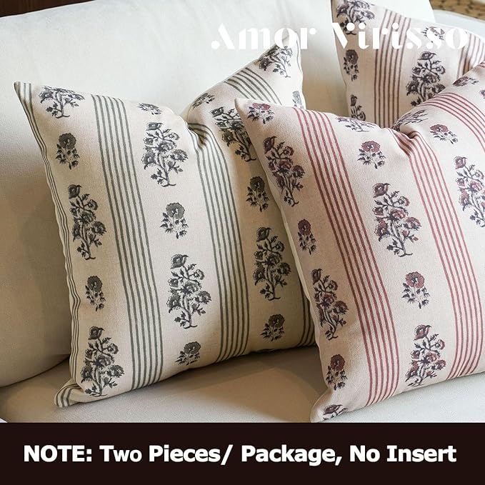 Amor Virisso Floral Throw Pillow Covers 20x20 Set of 2 Block Print Pillow Covers Neutral Floral Striped Farmhouse Decorative Pillow Covers for Sofa Couch Bed, Red
