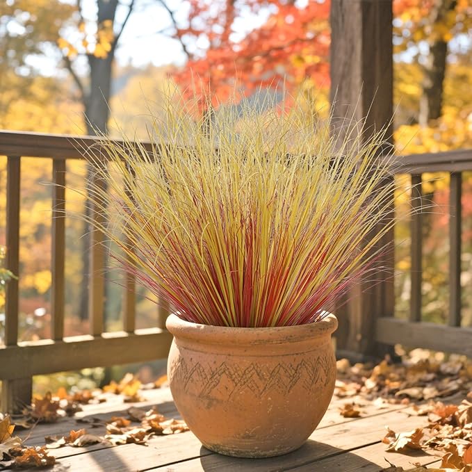 32 Bundles Artificial Fall Plants Outdoor Fake Shrubs Autumn Wheat Grass 20 Inch Fall Greenery Stems Tall Onion Grass UV Resistant Faux Bushes Plant for Garden Farmhouse Thanksgiving Fall Decor