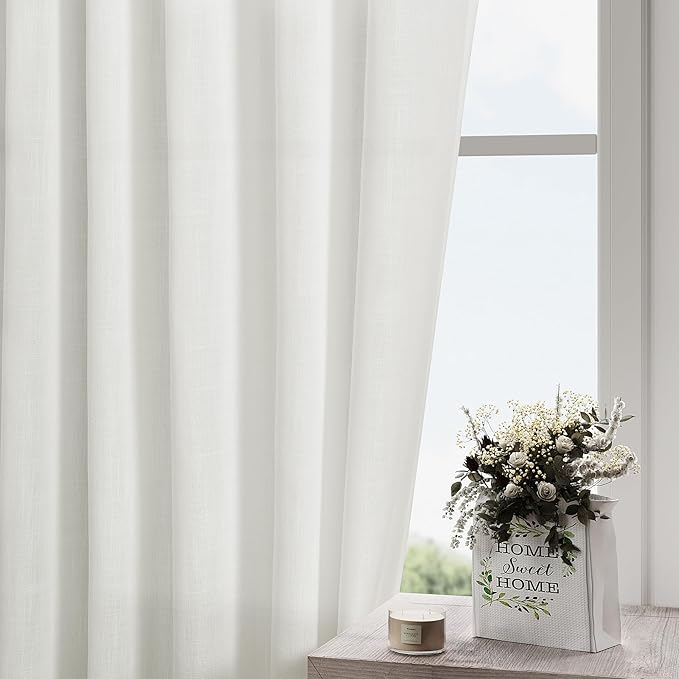 Off White Linen Curtains 80 inches Long for Bedroom Back Tab Light Filtering Privacy Sheer White Curtains Modern Farmhouse Coastal Decor White Cotton Textured Gauze Curtain 2 Panel Set 52x80