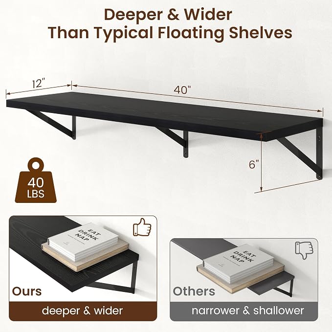 Axeman Deep Floating Shelves - 40 Inch Black Floating Shelves Set of 2-12 Inch Deep Wood Wall Shelves for Living Room Bathroom Kitchen