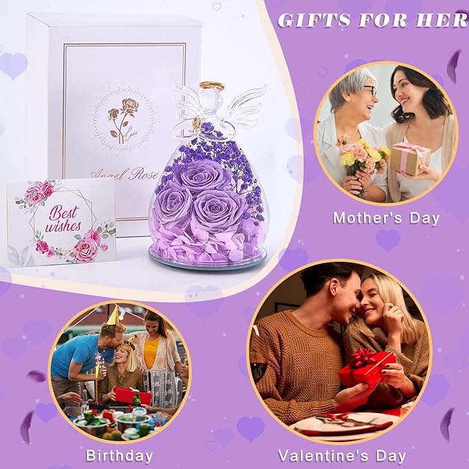 Beferr Mothers Day Mom Birthday Gifts for Women, Fresh Flowers for Delivery Forever Preserved Rose in Glass Angel Figurine, Anniversary Christian Real Rose for Grandma Nana Wife Mum from Daughter Son