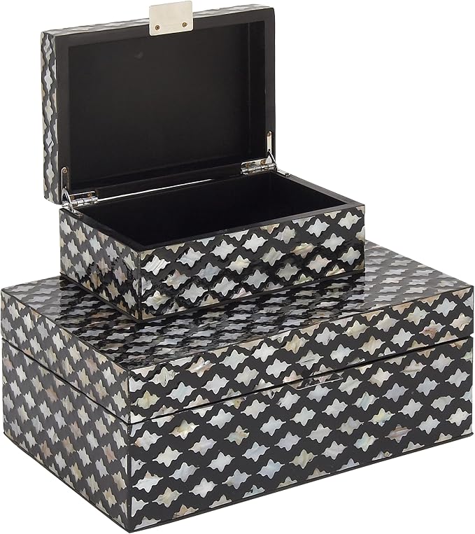 Deco 79 Mother of Pearl Shell Decorative Box Decorative Keepsake Boxes with Hinged Lid, Set of 2 Storage Boxes 12", 8"W, Black