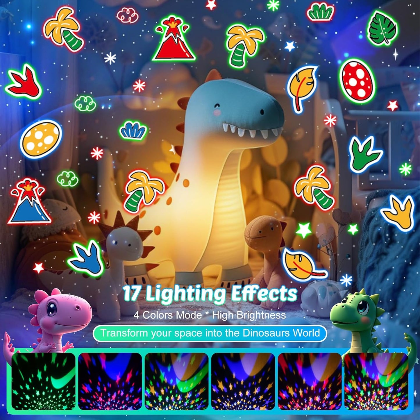 Dinosaur Night Light Projector for Kids Green Dino Toys for Boys, Star Night Lights with Music and Timer, 17 Mode Color Changing Lamp with Remote, Christmas Birthday Gift for Baby Girl Boy