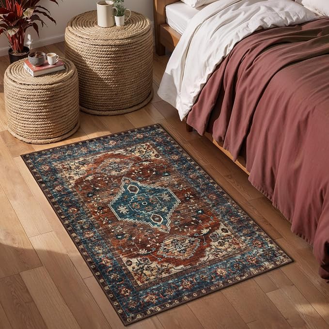 Tangsoo Vintage Rug 2x4 Washable for Entryway BlueNon Slip Small Area Rug, Dark Blue Orange Indoor Front Door Rust Blue