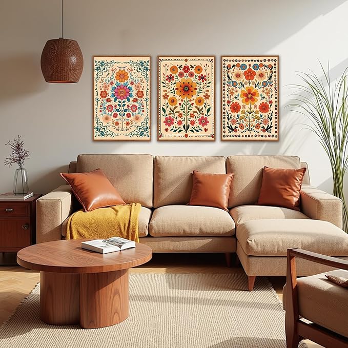 HOURIA 3Pcs Framed Mexican Floral Canvas Wall Art (24"x36"), Abstract Orange Botanical Latin Folk Wall Decor, Vintage Mid Century Modern Tropical Flower Art Print for Office Farmhouse Bedroom