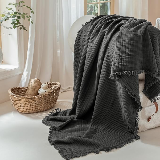 Muslin Fringe Blankets for Adults: 100% Cotton Cloud Soft | 4-Layer Gauze Breathable Lightweight All Season Throw Blanket for Bed Couch Sofa Office