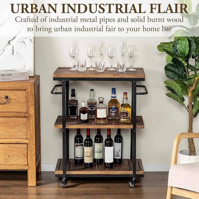 MyGift Rolling Bar Cart with Wheels, 3 Tier Home Bar Serving Cart, Drink Tea Coffee Cart for Kitchen Pantry Restaurant, Vintage Rustic Burnt Solid Wood and Industrial Matte Black Metal