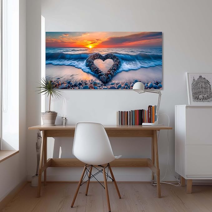 Ggaafet Romantic Love Beach Wall Art for Living Room Canvas Painting Prints Romance Sunset Blue Sandbeach Art Deco Modern Artwork Office Bedroom Family Room Decor Large