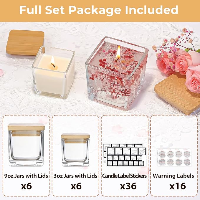 CONNOO 12 Pack 9oz, 3oz Clear Square Candle Jars for Making Candles, Thick Glass Bulk Empty Candle Containers with Airtight Bamboo Lids for Candle Making, Sticky Warning Labels - Dishwasher Safe