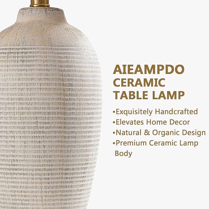 AIEAMPDO 25" Vintage Ceramic Table Lamp for Bedroom Living Room | Bedside Lamp with Linen Drum Shade, Neutral Modern Farmhouse Rustic Desk Lamp for Nightstand End Table, Bulb Included