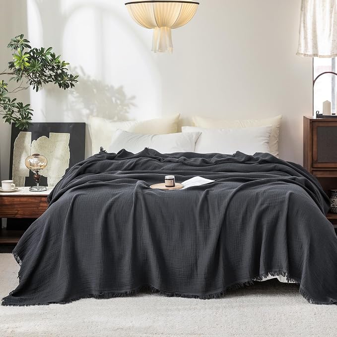 FOSSA Muslin Blanket 4-Layer 100% Cotton Gauze Blanket with Fringe 90"x90" | Super Soft Breathable Lightweight All Season & Decorative Blanket or Bed, Sofa, Office (Dark Gray, Queen)