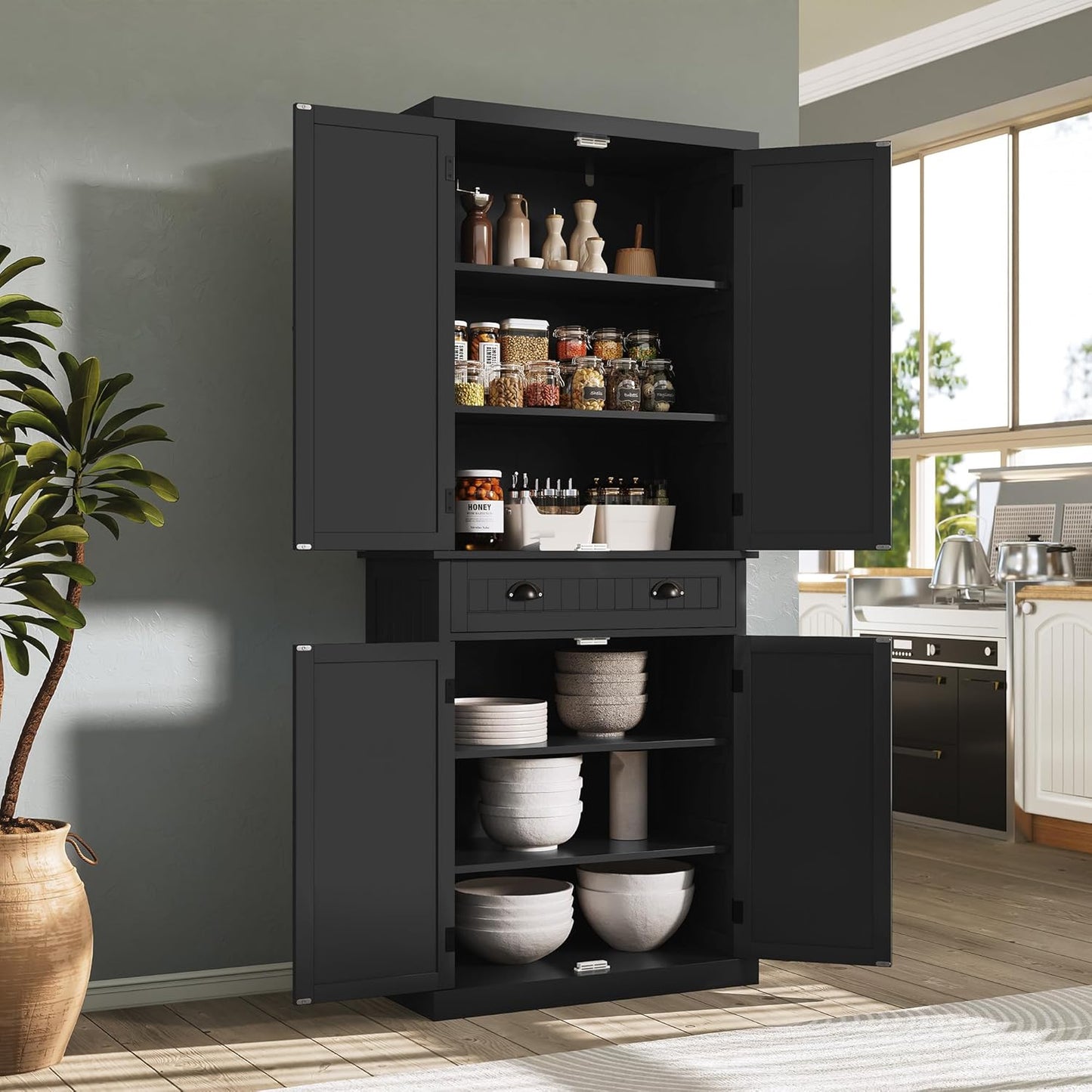 ARTPOWER 72" Tall Kitchen Pantry Storage Cabinet with Drawer and Adjustable Shelves, Pantry Cabinet for Kitchen, Bathroom or Hallway, Black