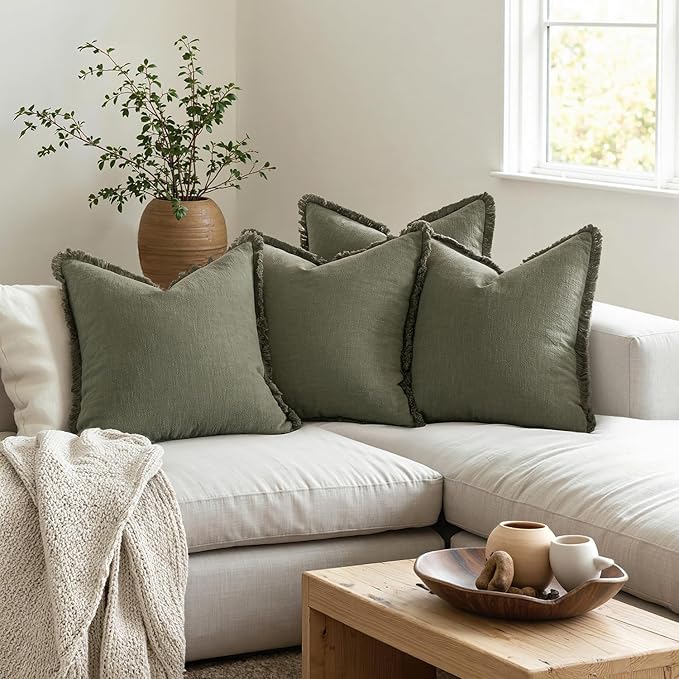 MIULEE Decorative Couch Pillow Covers Neutral Linen Fringe Throw Pillows Set of 4 Boho Farmhouse Cushions Soft Accent Pillowcases for Bed Couch Sofa Living Room Spring Decor 18x18 Inch Olive Green