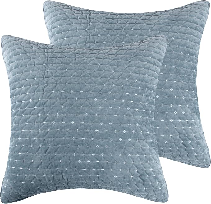 Levtex Home - Velvet Stitch - Euro Sham Set of 2 - Cross Stitch - Chambray and White - (26x26in.), No Insert - Polyester