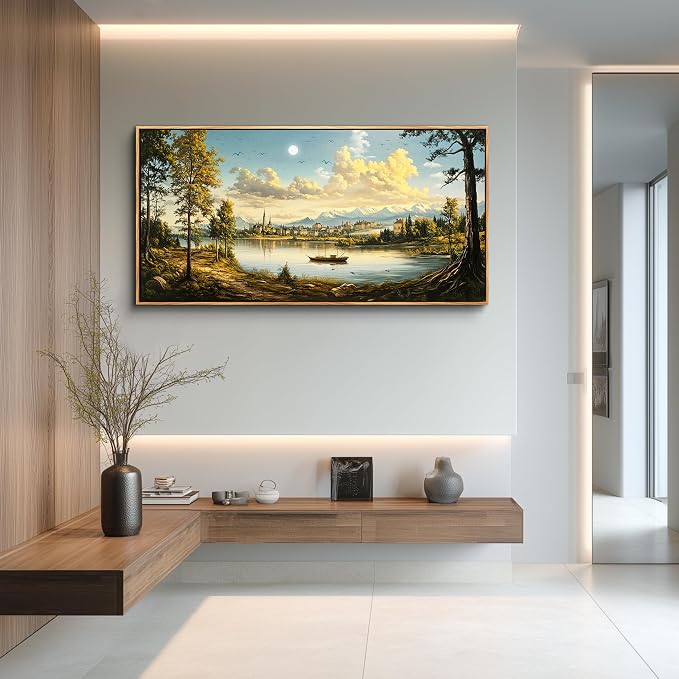 XIGUANGART Large Framed Wall Decor, Landscape Wall Art, Ocean Nature Wall Art, Riverside Farm Canvas Art Prints,Vintage Rustic Farmhouse Wall Decor Paintings for Living Room Bedroom Bathroom Kitchen