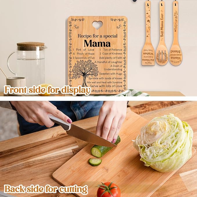 Mama Gifts - "Recipe for a Special Mama" Mama Gifts for Women Cutting Board Set, Bamboo-Made Engraved Utensil Set Gifts for Mama Cutting Board, Mothers Day Gifts for Mama.