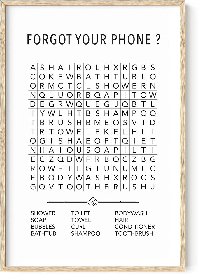 HAUS AND HUES Funny Bathroom Wall Art - Word Search Bathroom Decor, Humorous Bathroom Signs, Kids Bathroom Art (Beige Frame, 24x36)