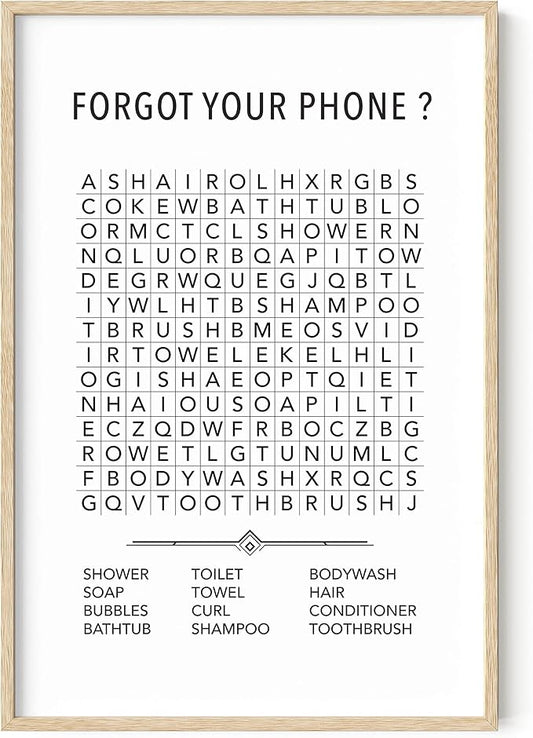 HAUS AND HUES Funny Bathroom Wall Art - Word Search Bathroom Decor, Humorous Bathroom Signs, Kids Bathroom Art (Beige Frame, 24x36)