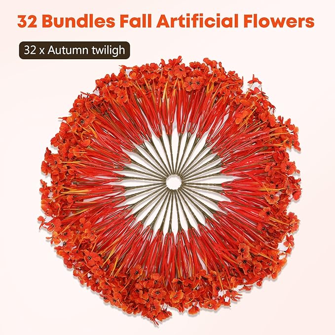 Geegoods Artificial Mum Flowers for Outdoors, 32 Bundles UV Resistant Faux Plastic Mum Flowers for Halloween Front Door Porch Patio Yard Balcony Decor