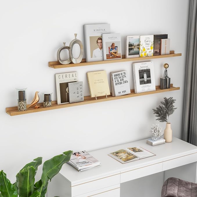 Acovy Solid Ash Wood Picture Ledge Shelf, 72 inch, Natural | Set of 2, Wall Mounted, For Living Room Kids' Room Bedroom