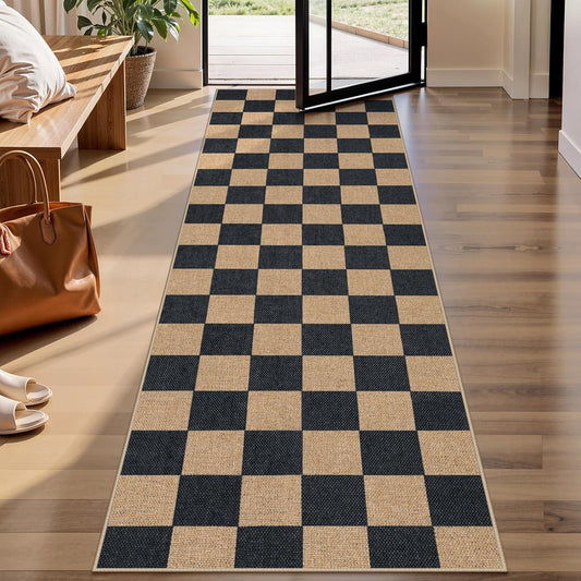 Lahome Checkered Easy Jute Runner Rug, 2x8 Kitchen Rug Non Slip Washable Outdoor Runner for Entryway Indoor, Checkerboard Black Indoor Outdoor Carpet for Hallway 8ft Entry