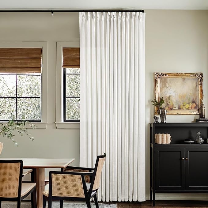 TWODRAPES Beige White Pinch Pleated Linen Curtains 1 Panel for Living Room Bedroom Memory Training Shaped Semi Sheer Pleat Drapes with Hooks Rings Light Filtering Window Curtain 60x108