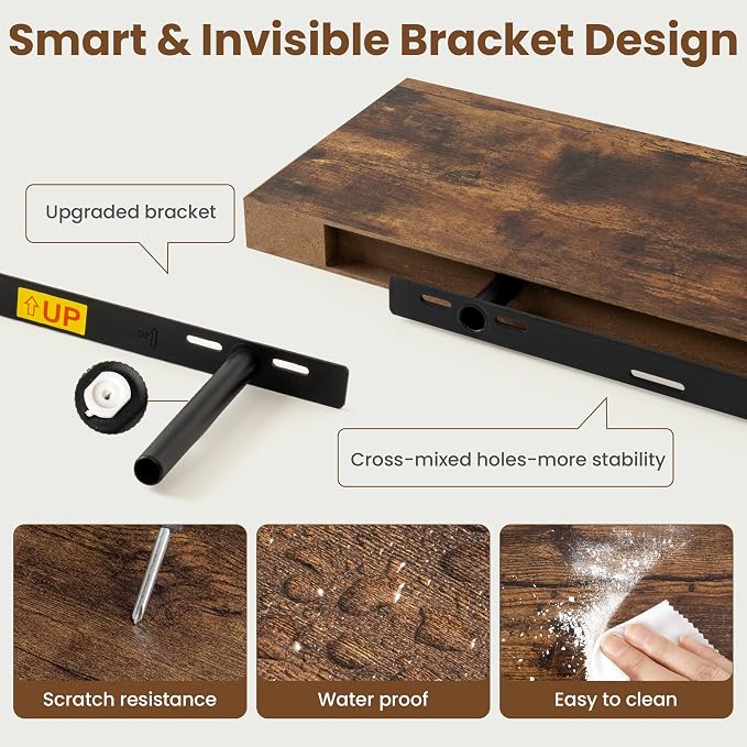 40 Inch Floating Shelves for Wall, 8 Inch Deep Floating Shelf for Storage & Display, Wall Mounted Shelf with Invisible Brackets for Living Room, Kitchen, Bathroom, Home Decor, Set of 2, Rustic Brown