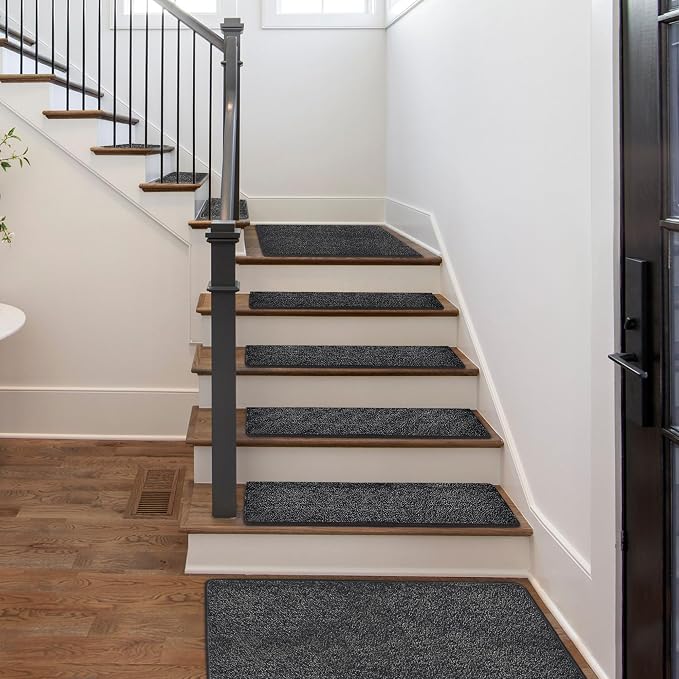 PURE ERA Carpet Stair Treads Tape Free Non Slip Indoor Stair Carpet Stair Protectors Pet-Friendly Non-Slip Skid Resistant Washable Reusable 8" x 30"(14 Pieces,Black)