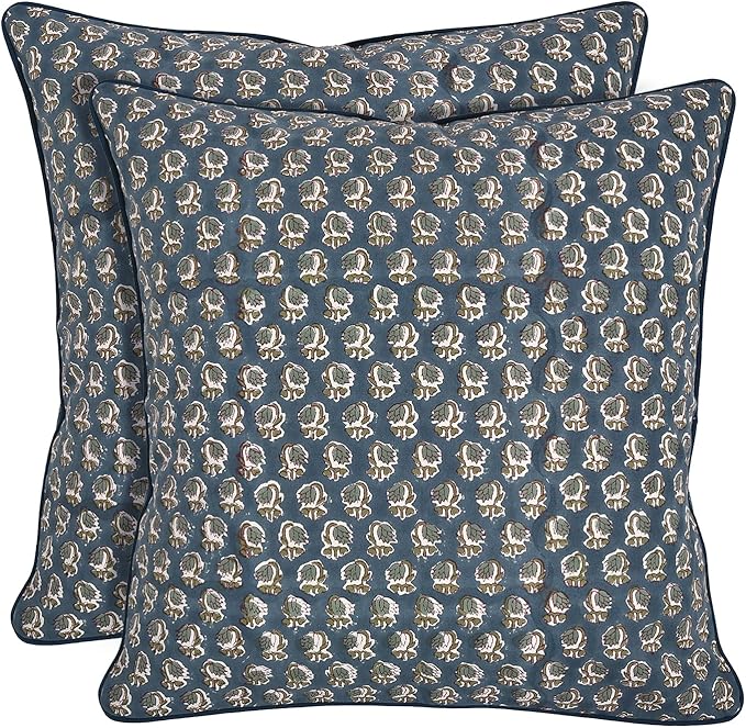 Ridhi Block Print Peacock Blue Pillow Cover 24" x 24" (Pack of 2) Decorative Couch Pillows for Living Room, Chic Boho Cute Outdoor Pillows Covers Gifts for Spring, Easter and Valentine