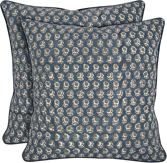 Ridhi Block Print Peacock Blue Pillow Cover 16" x 16" (Pack of 2) Decorative Couch Pillows for Living Room, Chic Boho Cute Outdoor Pillows Covers Gifts for Spring, Easter and Valentine