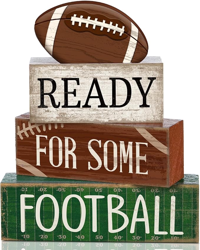 Yuntau 4pcs Football Christmas Table Decoration Happy Football Wooden Block Sign Rugby Tiered Tray Decor Centerpiece Decorative Faux Book Stack for Holiday Tabletop Fireplace Shelf Desk Party Decor