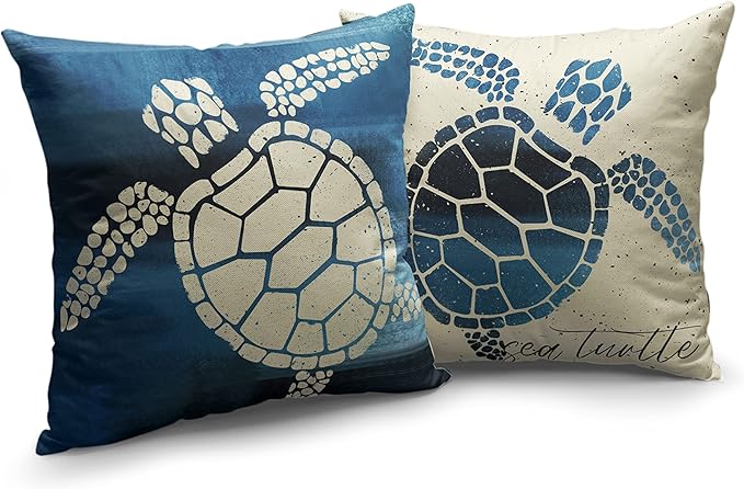 Beach Room Decor Pillow Covers Nautical Coastal Sea Turtle Throw Pillowcase 18x18 Set of 2 Blue Beige Square Linen Pillow Covers for Living Room Car Outdoor