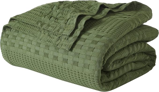 VHC Brands 100% Cotton Waffle Weave Queen Blanket 90"x90", Decorative Lightweight Spring and Summer Throw Blanket, Bedroom Decor for Bed, Couch, or Sofa, Olive Green