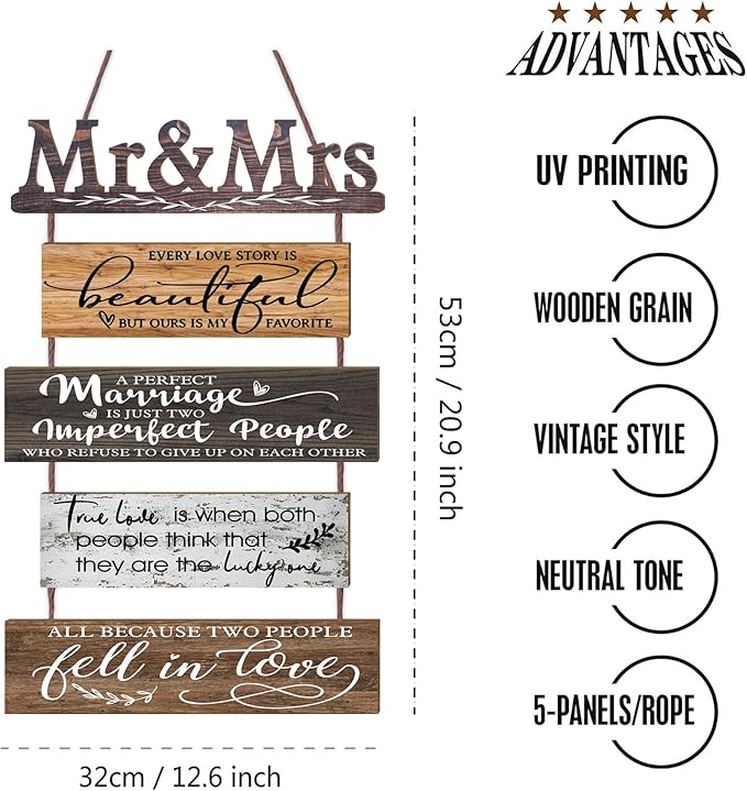 Mr & Mrs Rustic Wall Collage Sign with 5pcs Panels Strung Together - Marriage Wedding Engaged Anniversary Shower Farmhouse Distressed Wall Decor - Sweet Warming Gifts for Wife Husband Couples