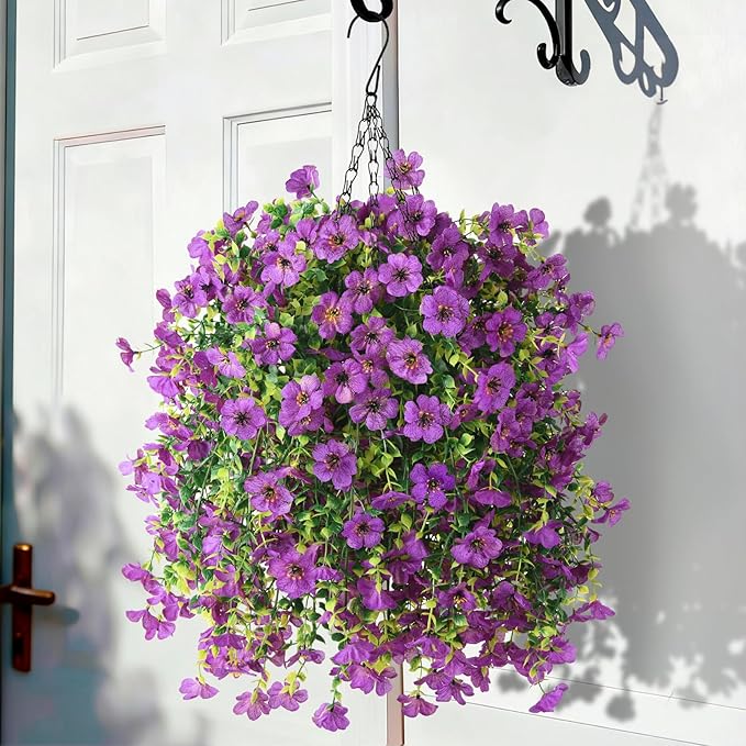 Artificial Flowers Hanging Baskets, 4 Bundles Outdoor Hanging Basket Spring Summer Decoration, No Fade Realistic Fake Flowers Plants for Porch Patio Balcony Home Yard Decor(Purple)