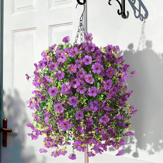 Artificial Flowers Hanging Baskets, 4 Bundles Outdoor Hanging Basket Spring Summer Decoration, No Fade Realistic Fake Flowers Plants for Porch Patio Balcony Home Yard Decor(Purple)