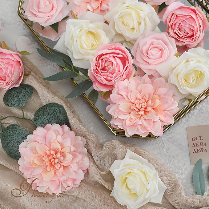 Floweroyal Pink Artificial Flowers Fake Rose Flowers Dahlia with Stems for DIY Wedding Bridal Bouquets, Baby Shower, Floral Arrangement, Table Centerpieces, Home Decorations.